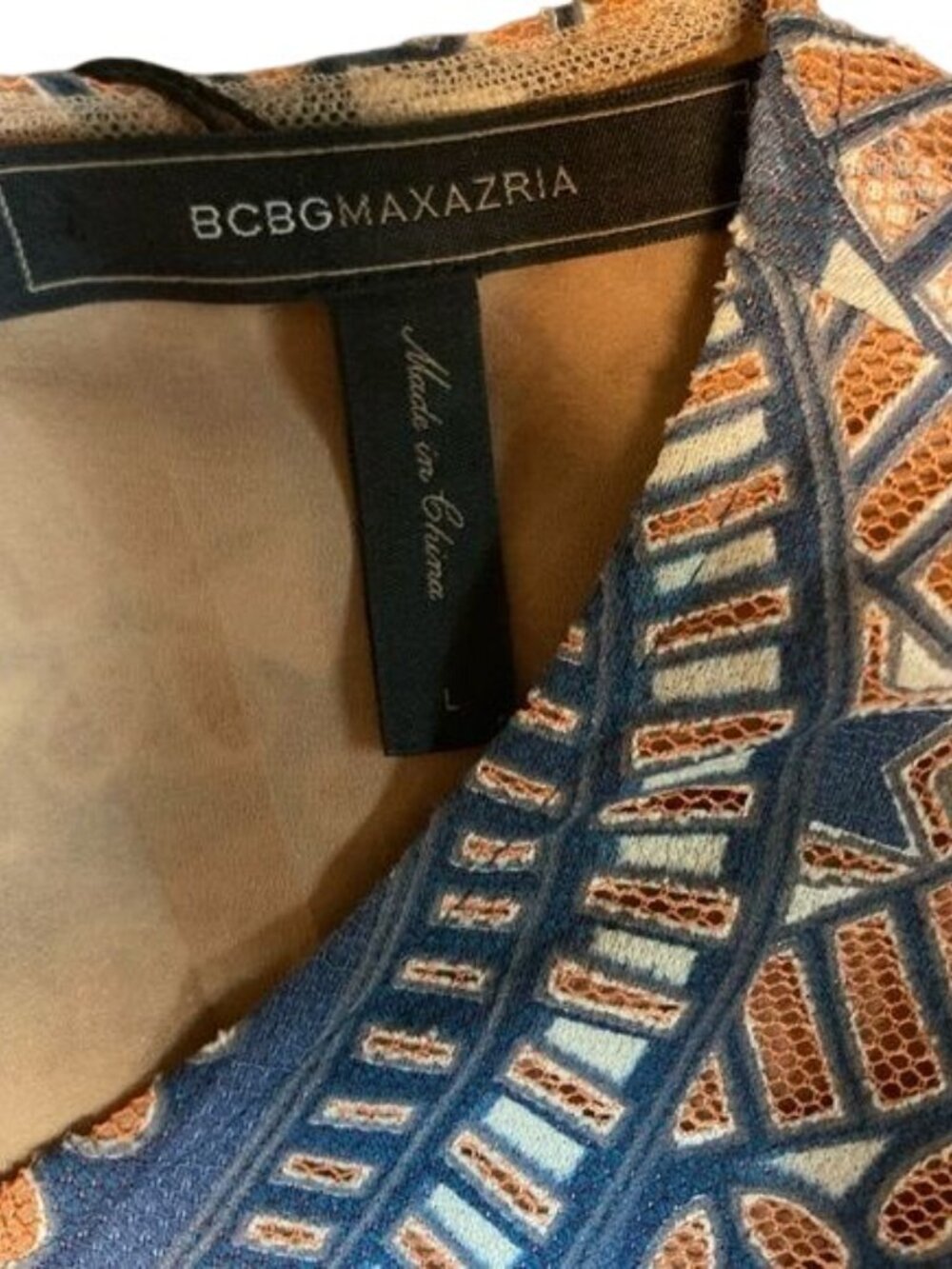 BCBGMAXAZRIA Navy & Rust Boho Long Sleeve Shift Dress | Size Large - Picture 4 of 6